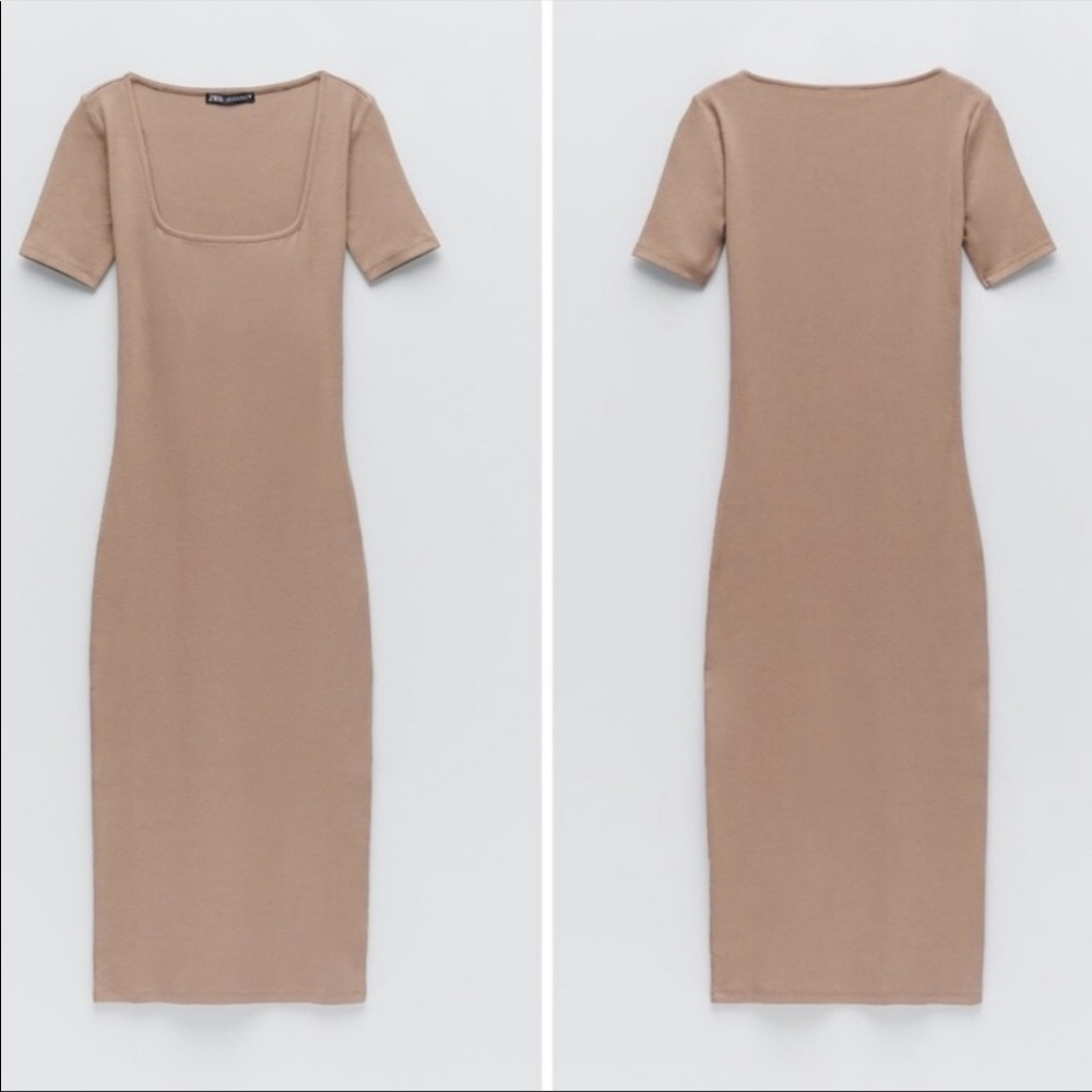 Zara Ribbed Square Neck Bodycon Midi Dress NWT - Picture 2 of 7